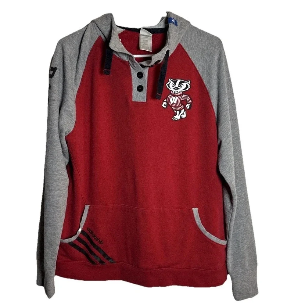 Adidas‎ Wisconsin Badgers Hoodie L Button Neck Pullover Bucky Logo Red Gray
